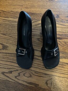 Enzo Angiolini Vintage Leather Monk Strap Heels Peep Toe Buckle Pumps Size 7